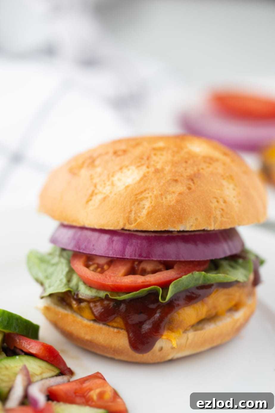 BBQ Chicken Burgers Air Fryer and Grill 7 BBQ Chicken Burger with a Gluten free roll, tomato, onion, lettuce
