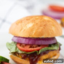 BBQ Chicken Burgers Air Fryer and Grill 9 A finished BBQ Chicken Burger on a plate