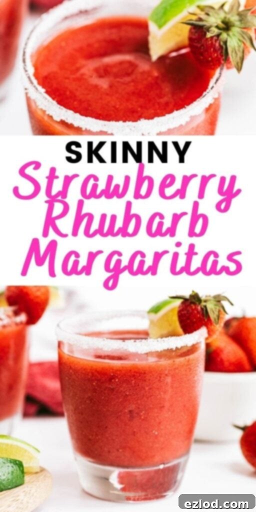 A vibrant photo collage with text overlay 'Skinny Strawberry Rhubarb Margaritas', featuring a close-up of a salt-rimmed margarita glass garnished with lime and strawberries, emphasizing the refreshing and healthy aspect of the cocktail.