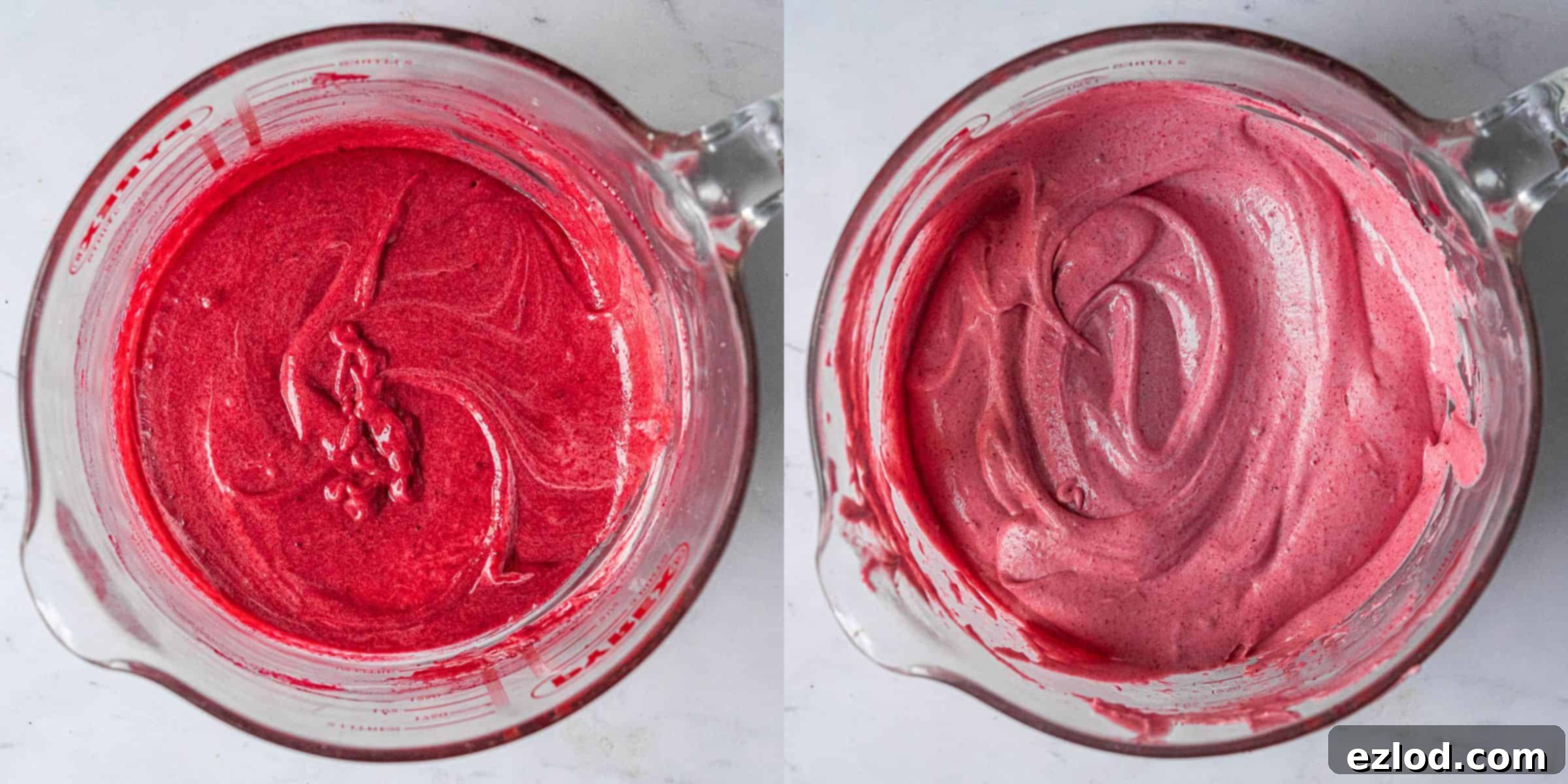 A two-image collage showing the gentle process of folding whipped vegan cream into the raspberry white chocolate mixture to create a light and airy mousse.