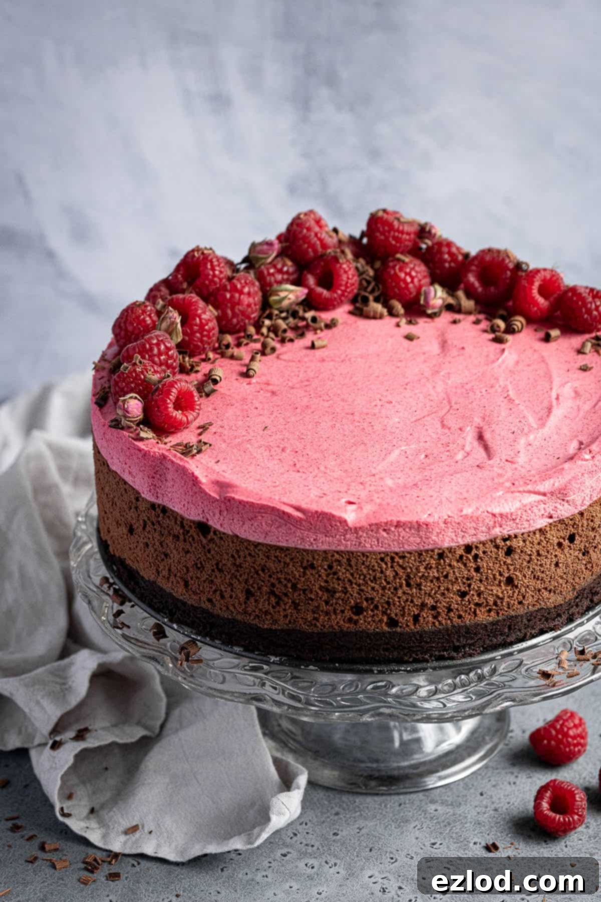 A close-up view of the perfectly set, layered vegan chocolate raspberry mousse cake, ready for serving.