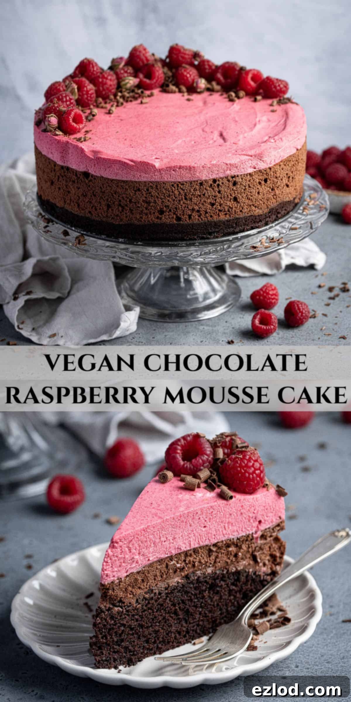 Pinterest collage image showing different views of the vegan chocolate raspberry mousse cake.