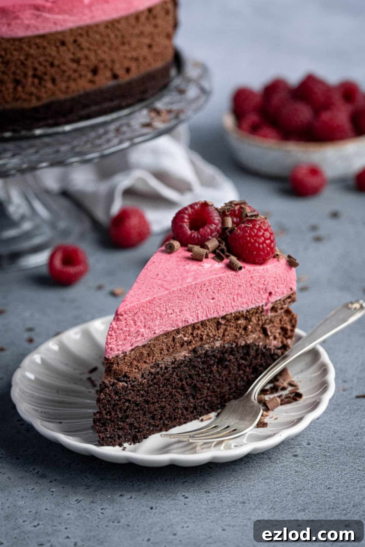 A perfectly portioned slice of Vegan Chocolate Raspberry Mousse Cake presented on a white plate, showcasing its distinct, delicate layers.