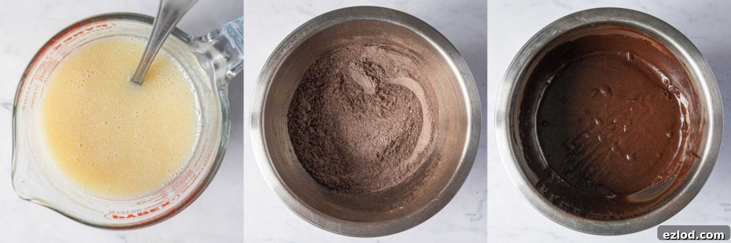 A three-image collage showing the process of making the chocolate cake batter for the vegan mousse cake, from mixing wet ingredients to combining with dry.