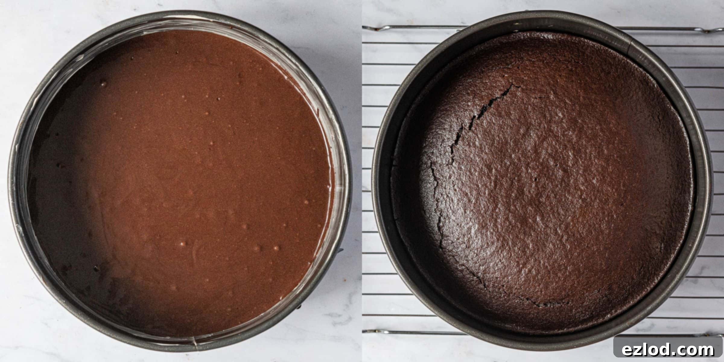 A two-image collage displaying the chocolate cake before and after baking, ready for the mousse layers.