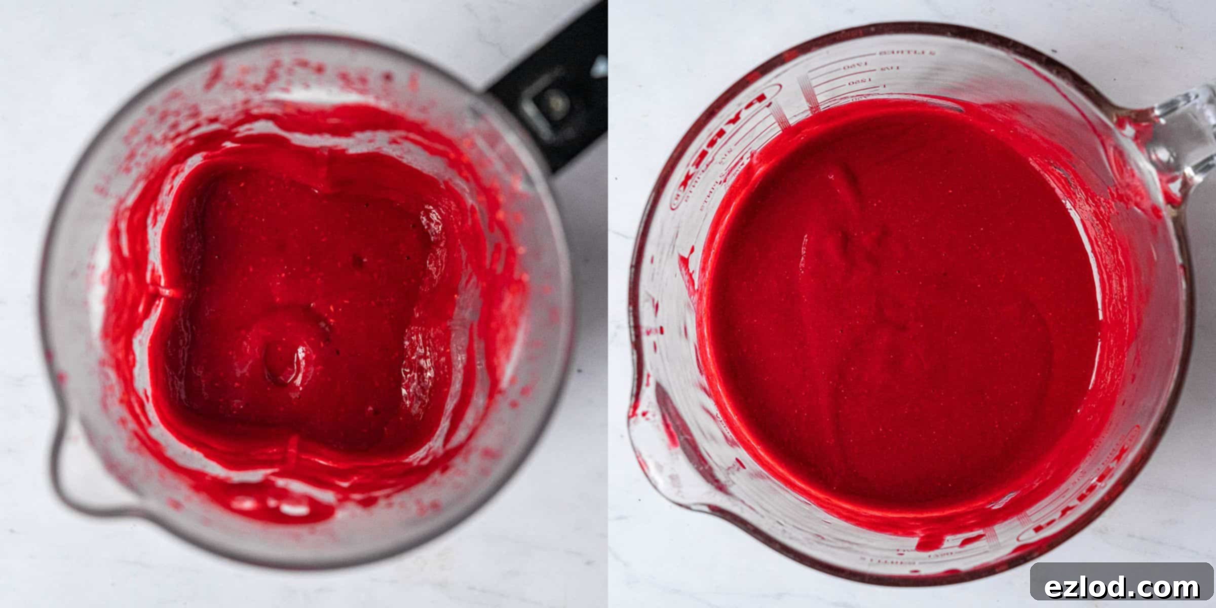 A two-image collage demonstrating the process of preparing the raspberry puree: blending defrosted raspberries and then straining them through a fine-mesh sieve to remove seeds.