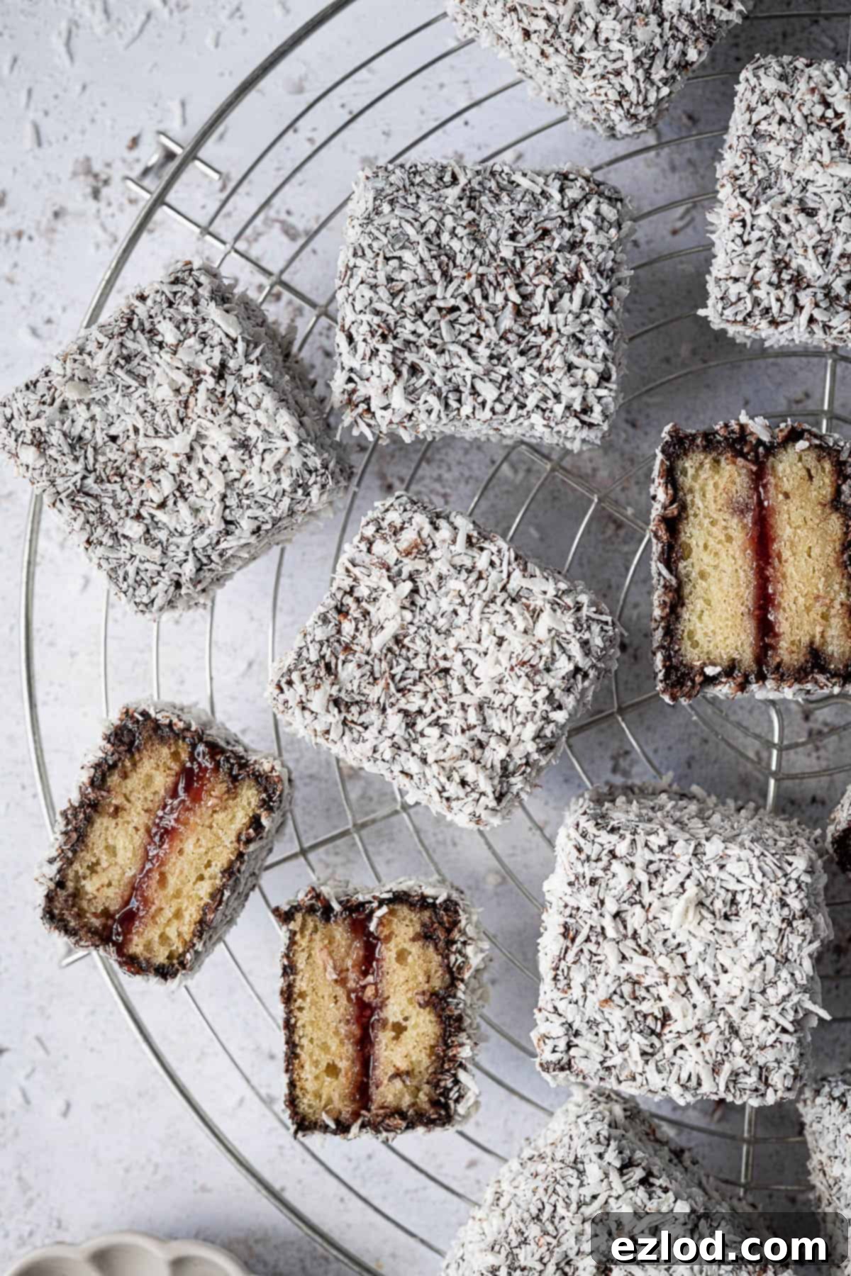 Close up of vegan Lamingtons on a wire rack.