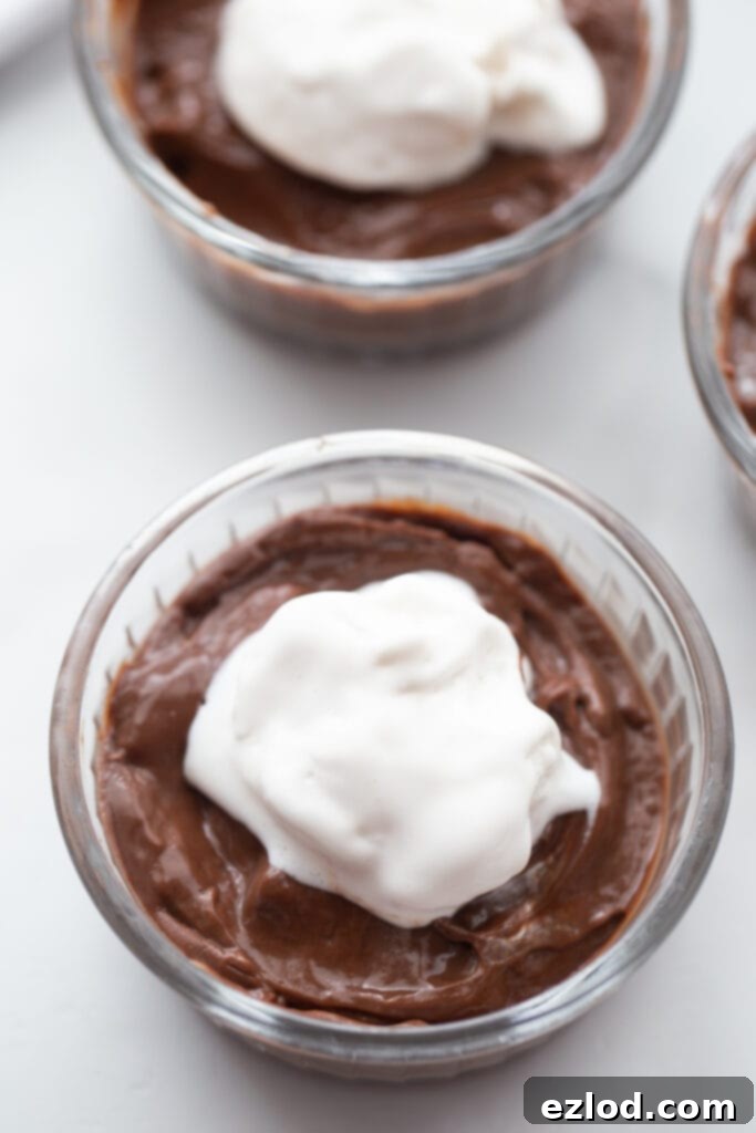 Close-up overhead view of silky smooth vegan chocolate pudding served in small ramekins, garnished with a dollop of creamy CocoWhip, highlighting its rich texture and appealing presentation.