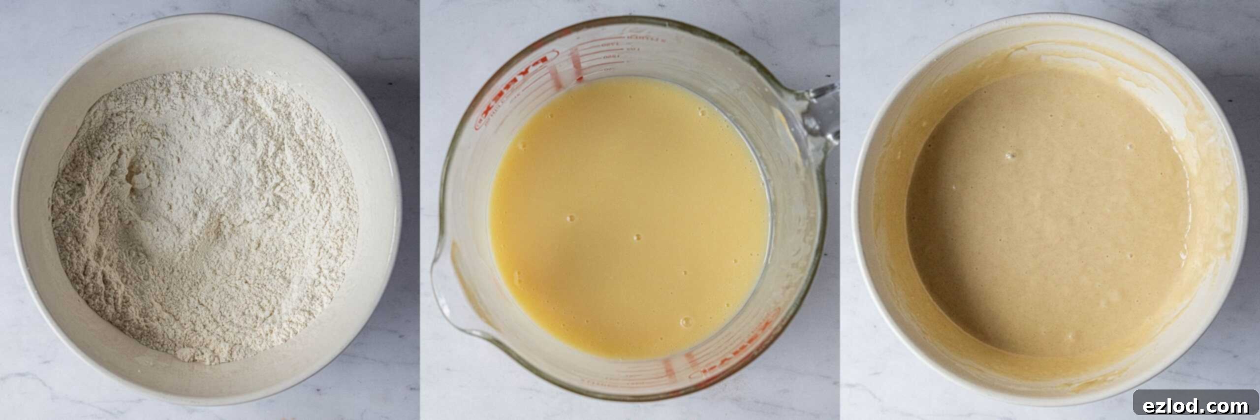 Step 1, a three image collage of making the cake batter.