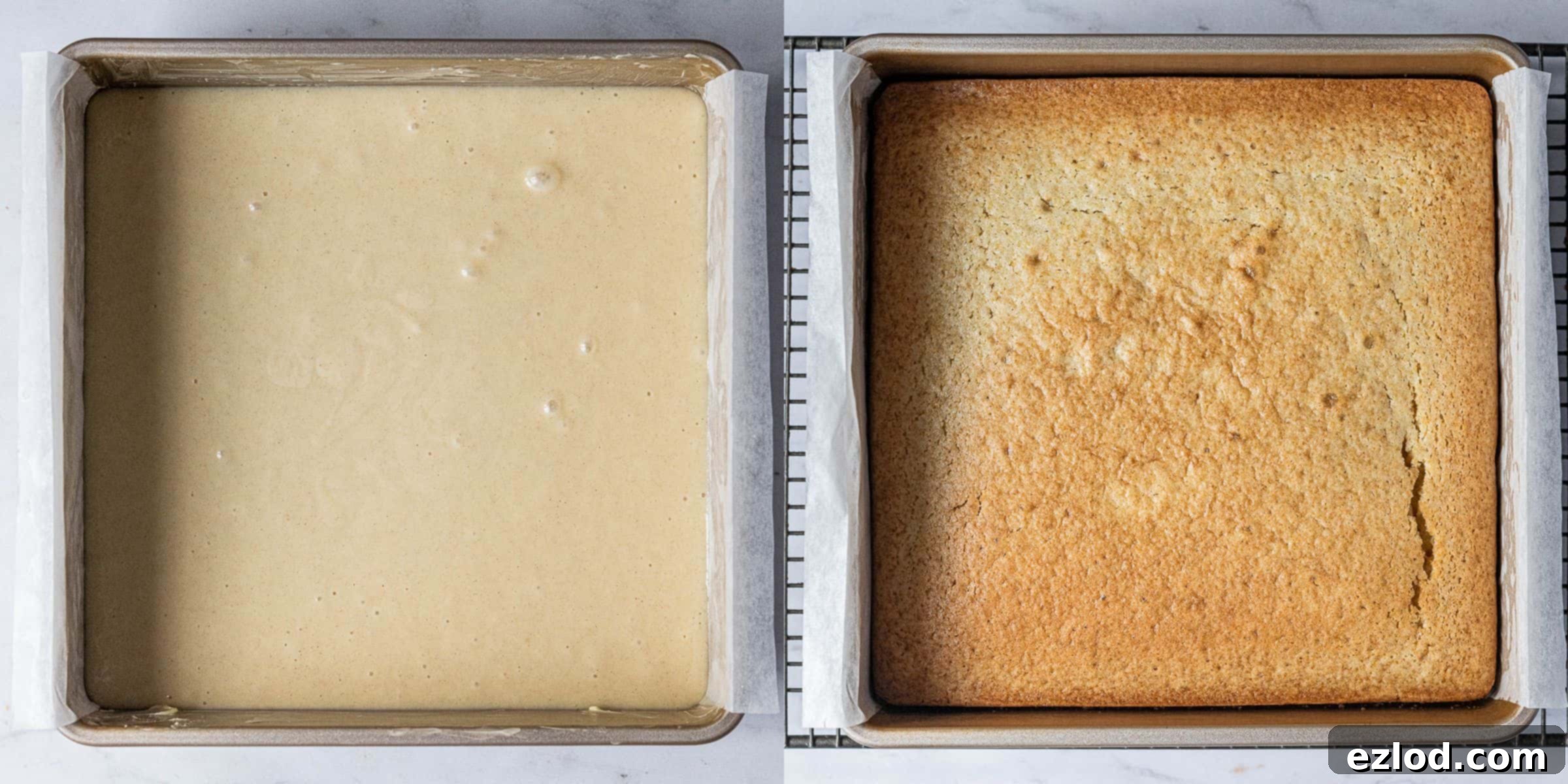 Step 2, a two image collage of the cake before and after baking.