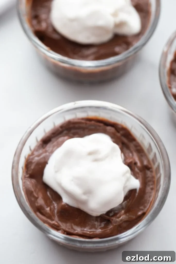 Overhead shot of two small ramekins filled with smooth, dark vegan chocolate pudding, showing its tempting, unadorned surface ready for a topping.
