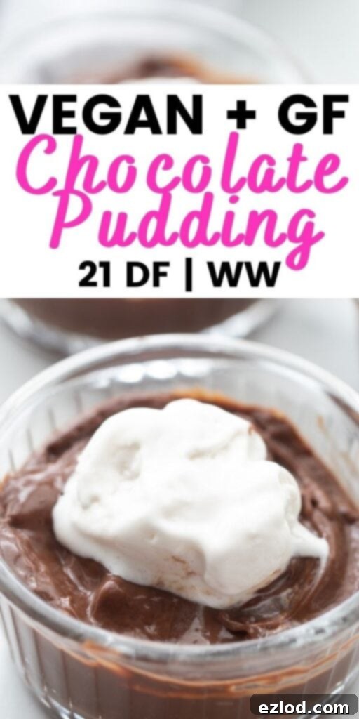 Pinterest pin graphic featuring a tantalizing image of vegan chocolate pudding with text overlay promoting it for 21 Day Fix and WW diets, highlighting its healthy and delicious qualities.