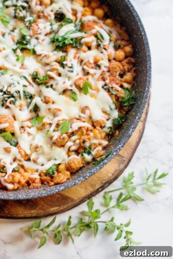 A beautifully plated serving of Healthy Sausage, Bean, and Kale Skillet, generously topped with cheese, resting on a elegant marble background, highlighting its homemade appeal.