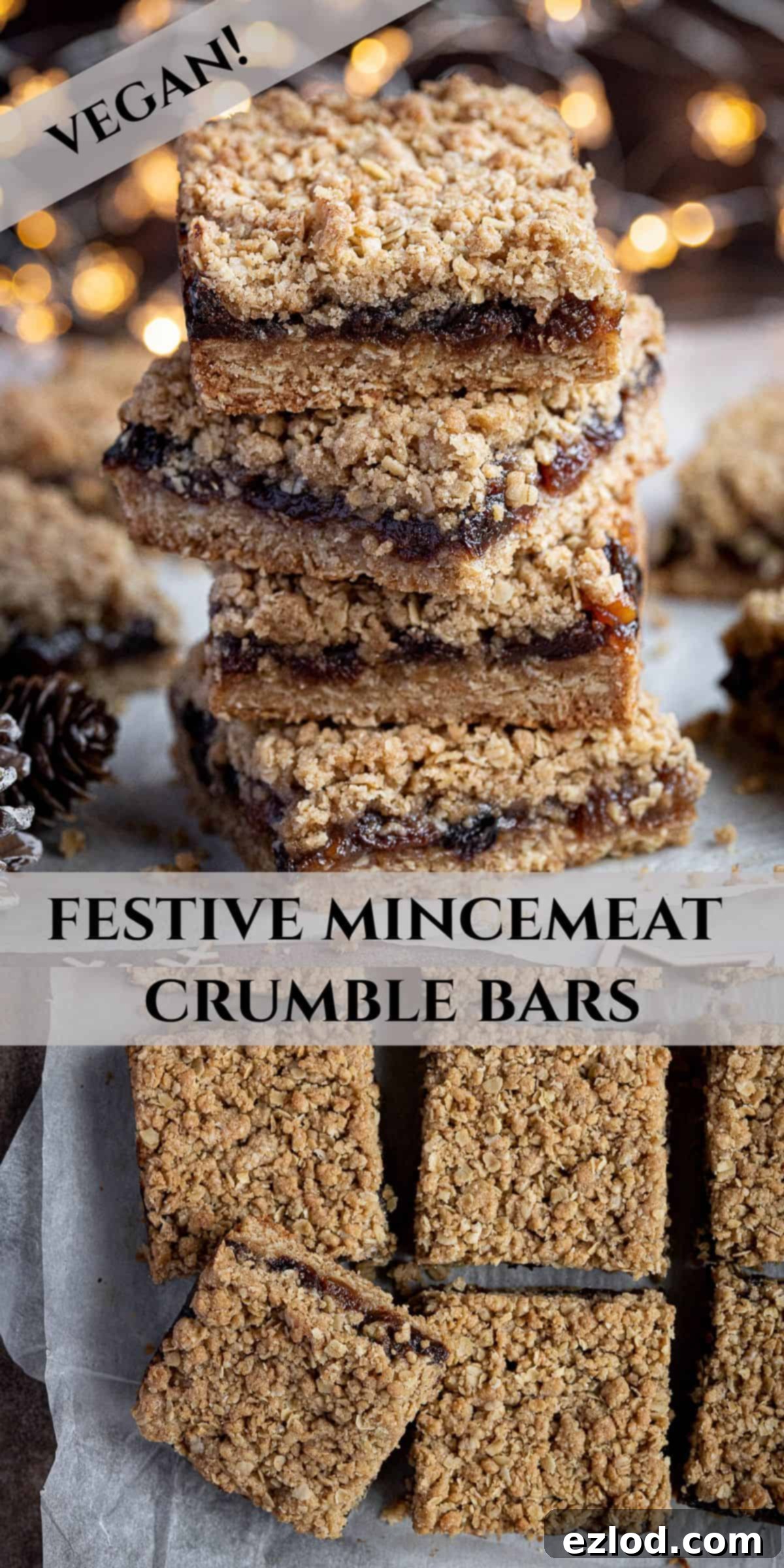 Vegan Mincemeat Crumb Bars 11 A Pinterest-friendly collage image showcasing vegan mincemeat crumble bars from different angles, with festive decorations.
