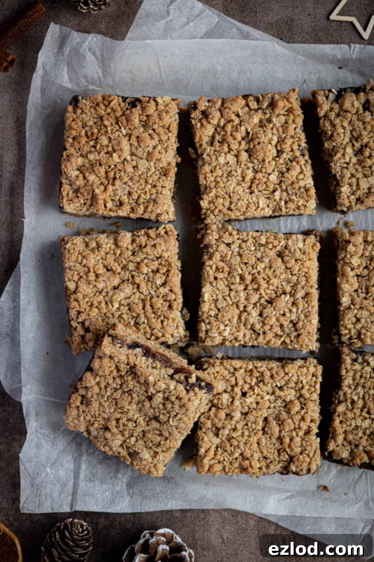 Vegan Mincemeat Crumb Bars 3 Vegan mincemeat crumble bars cooling on a sheet of baking parchment, showing their rustic, golden-brown appearance and visible mincemeat filling.