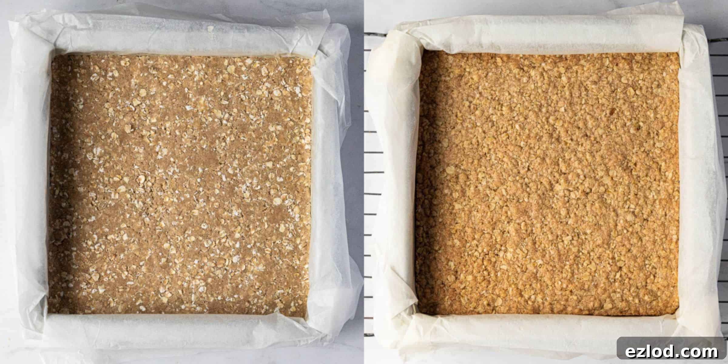 Vegan Mincemeat Crumb Bars 6 Step 3 in making mincemeat crumble bars: a before and after image showing the base mixture pressed into a tin and then baked to a pale golden color.