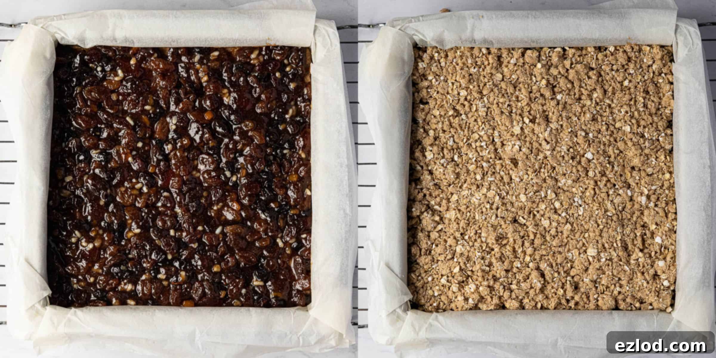 Vegan Mincemeat Crumb Bars 7 Step 4 in making mincemeat crumble bars: illustrating the process of spreading the mincemeat over the baked base and then scattering the remaining crumble mixture on top.
