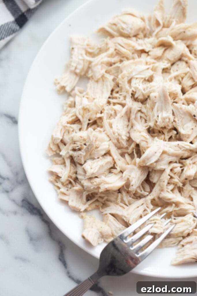 Ultimate Healthy Grape Chicken Salad Recipe 5 Perfectly shredded cooked chicken breast on a plate, ready to be incorporated into the healthy chicken salad.