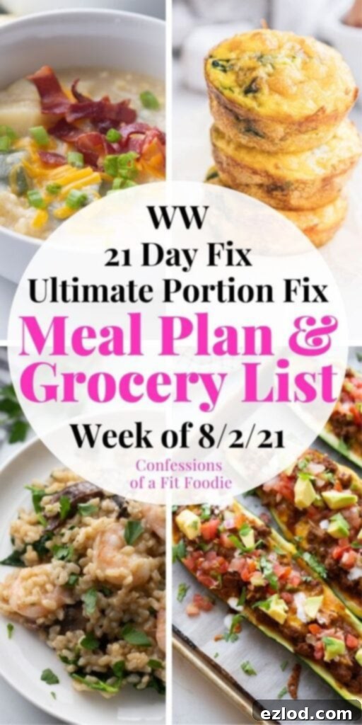 Food photo collage with pink and black text on a white background. Text says, Meal Plan & Grocery List | Week of 8/2/21