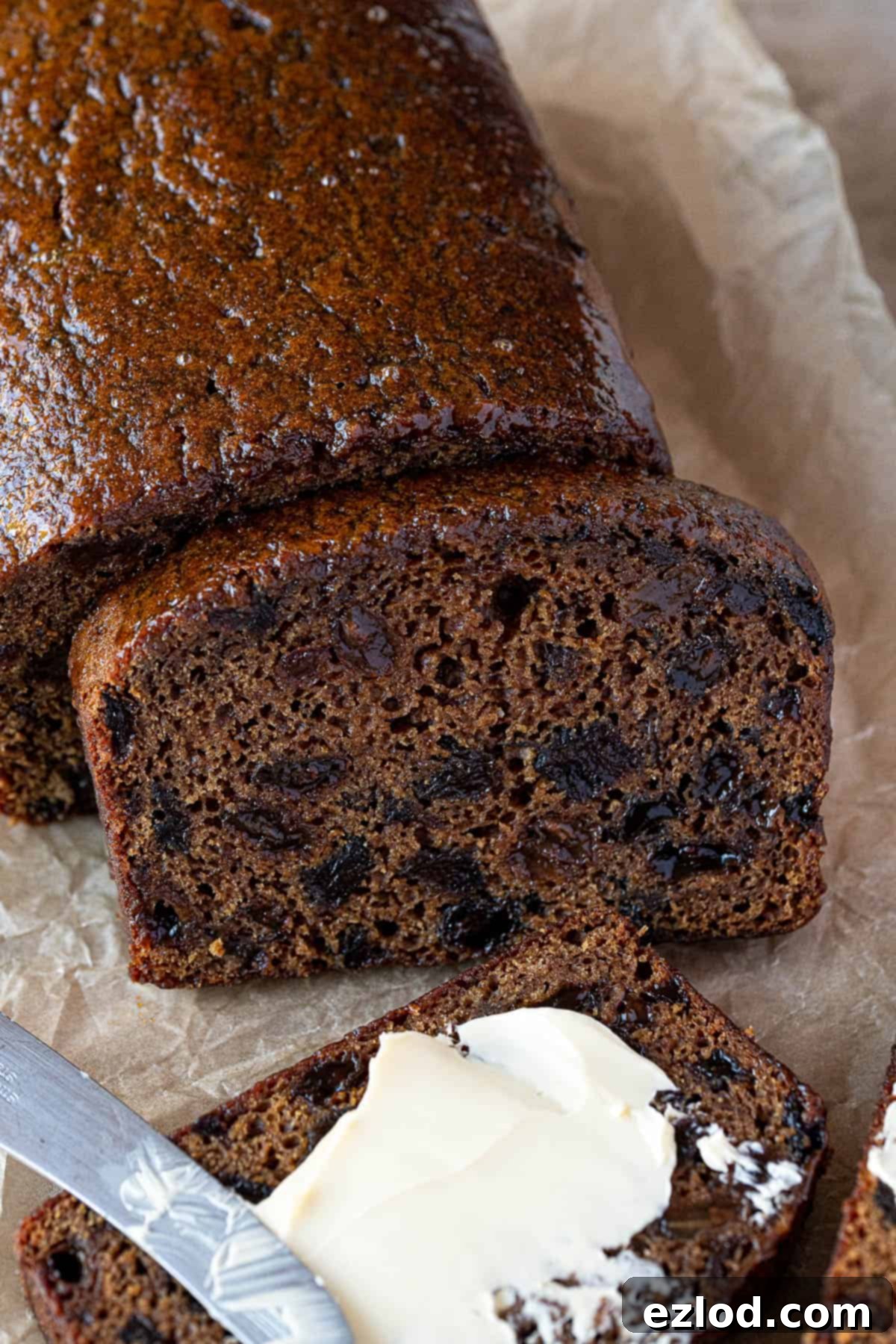 Close up of a slice of malt loaf.