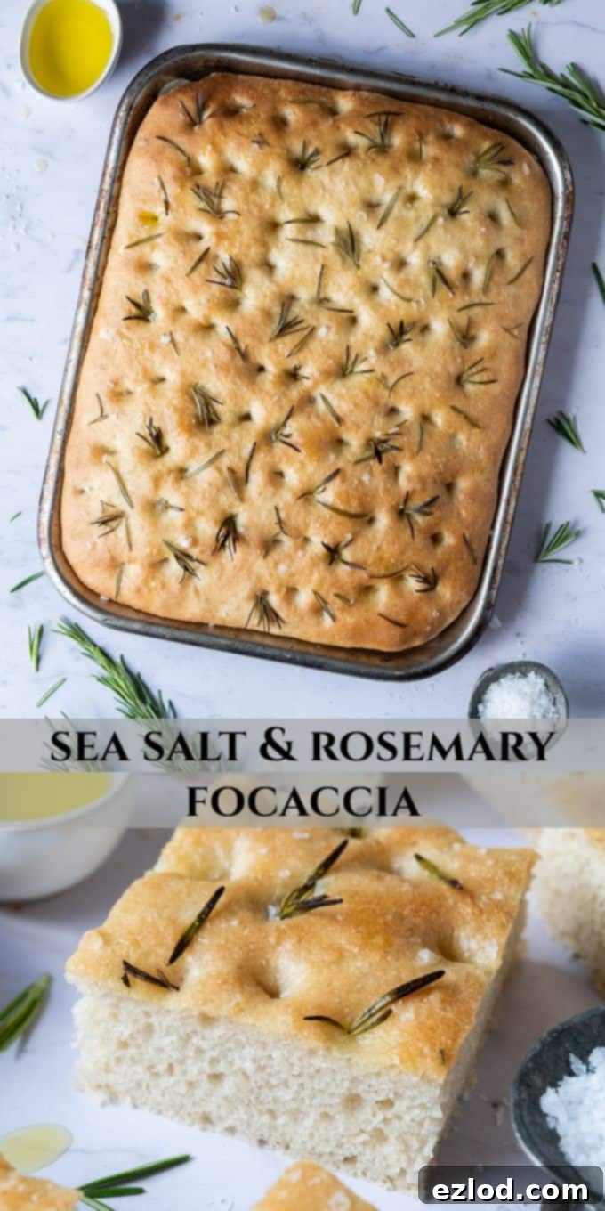 A high-quality image suitable for Pinterest, showcasing a beautiful golden brown focaccia loaf topped with fresh rosemary and sea salt.