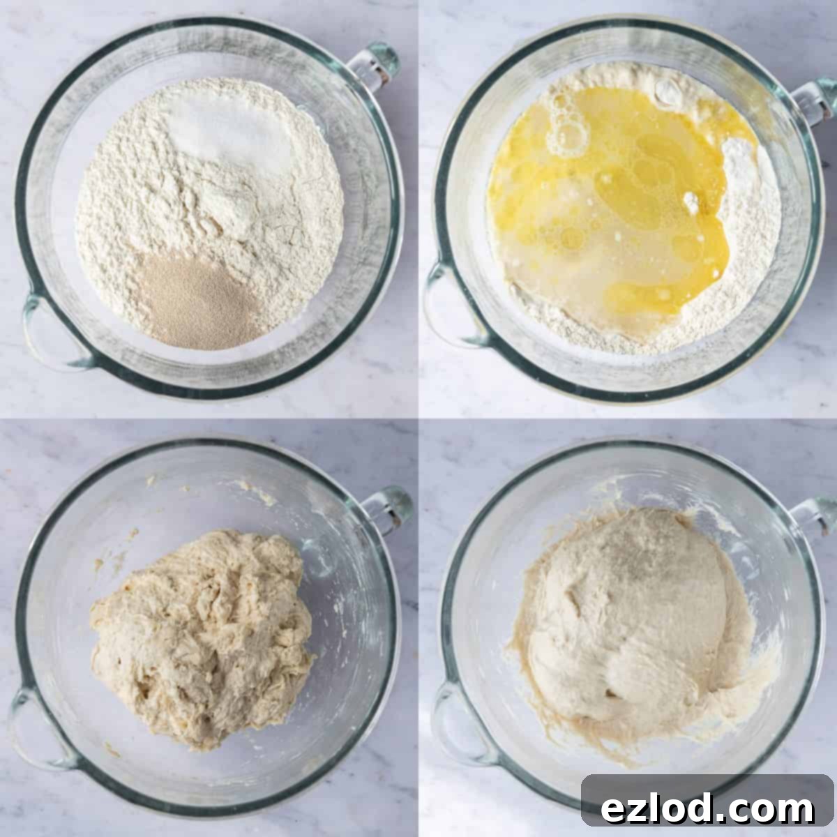 A close-up view of the sticky, freshly mixed focaccia dough in a stand mixer bowl, showing its soft and elastic texture.