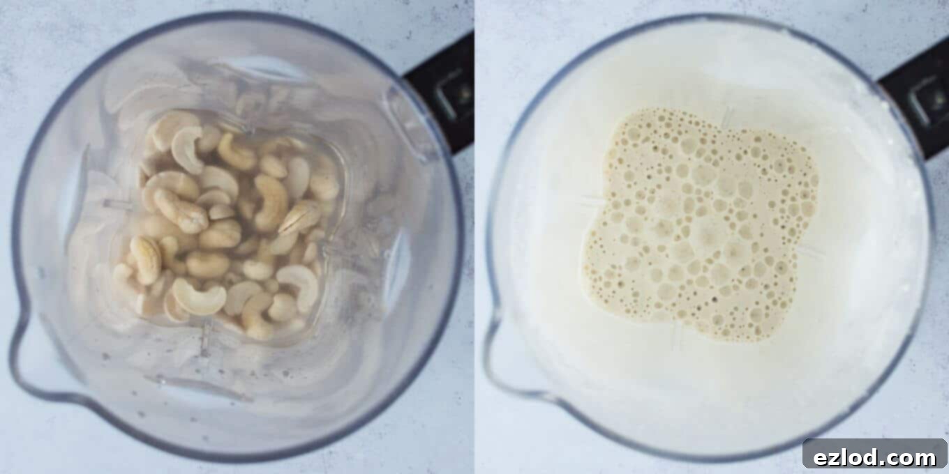 Blending soaked cashews with water to create a smooth, creamy vegan base for the soup.
