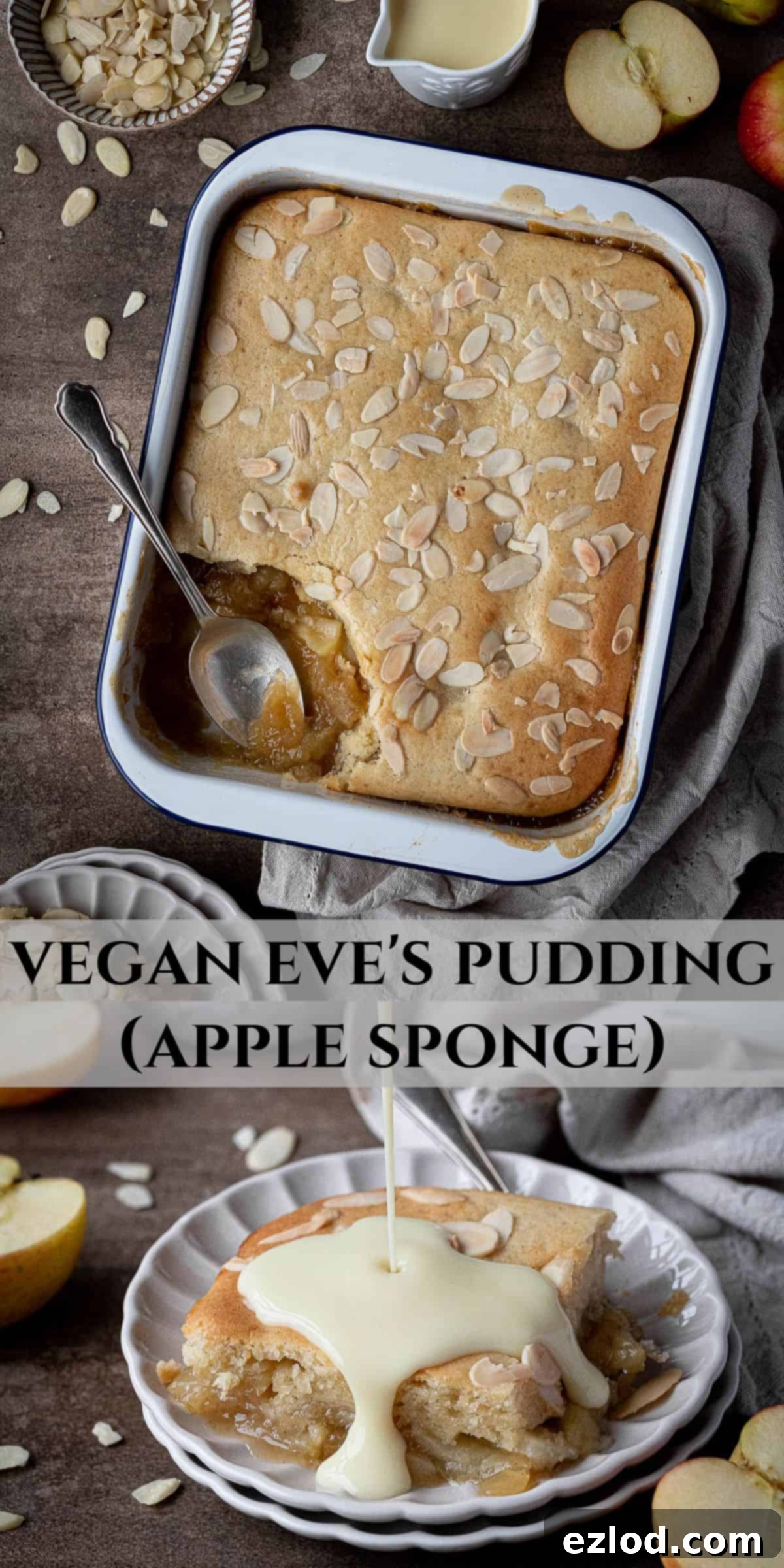 A vibrant Pinterest collage image showcasing the delicious vegan Eve's pudding from different angles, highlighting its comforting appeal and perfect texture.