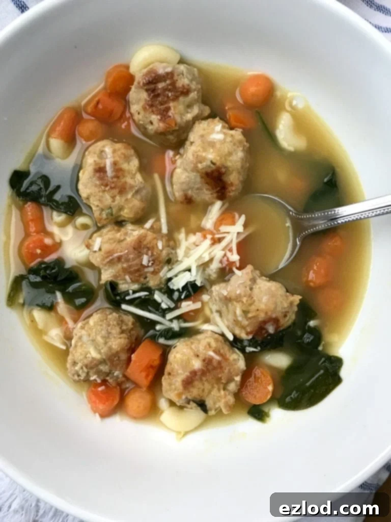 Fresh Spinach and Make-Ahead Meatballs being added to Italian Wedding Soup