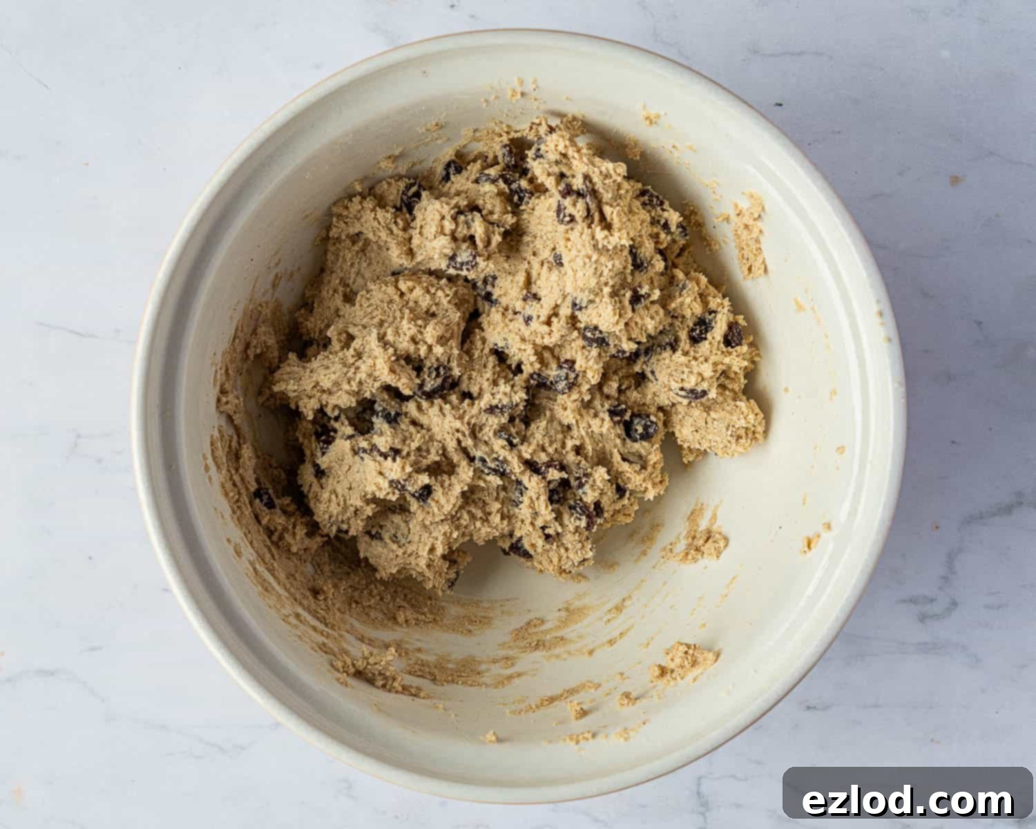 Step 3 in making vegan rock cakes: The completed dough, firm yet sticky, after adding raisins, sugar, and non-dairy milk.