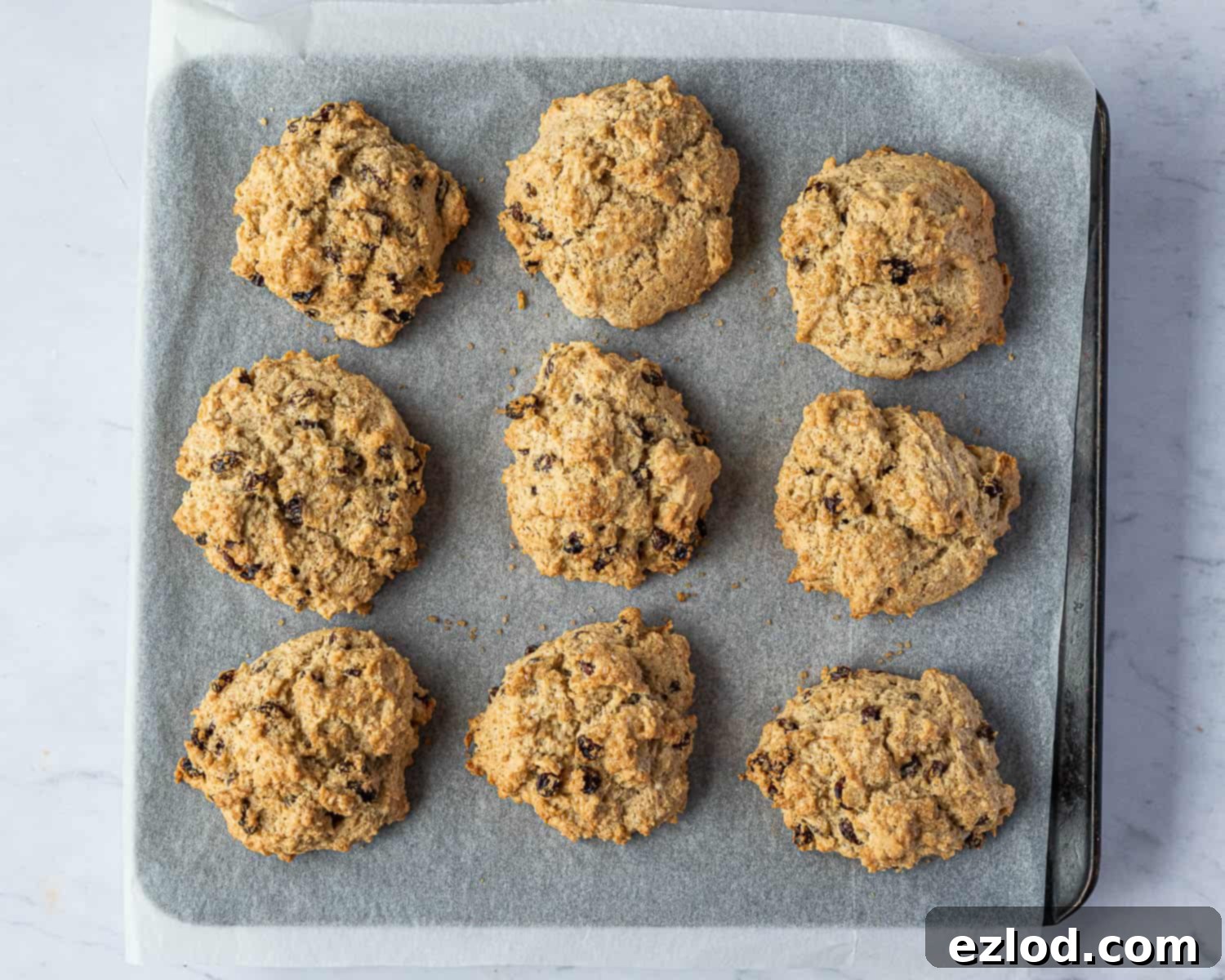 Step 5 in making vegan rock cakes: The golden brown rock cakes, fresh out of the oven, exhibiting a delightful craggy texture.