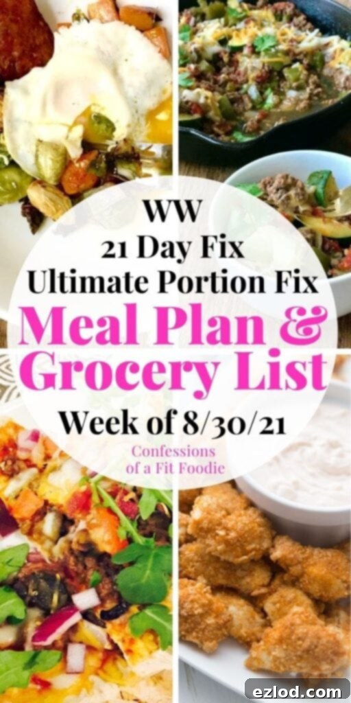 Food photo collage with pink and black text on a white circle - Meal Plan and Grocery List | Week of 8/30/21