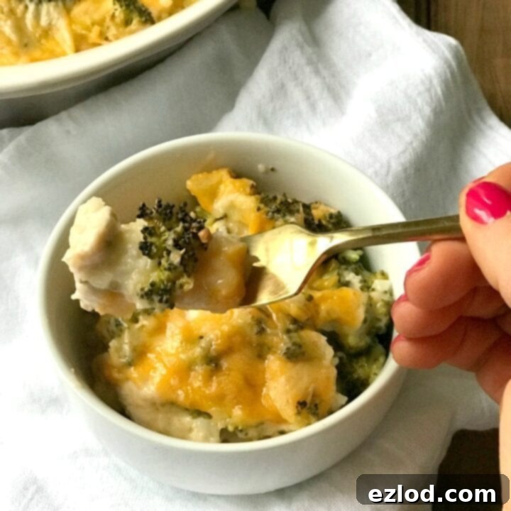 Cheesy chicken and broccoli casserole in a baking dish