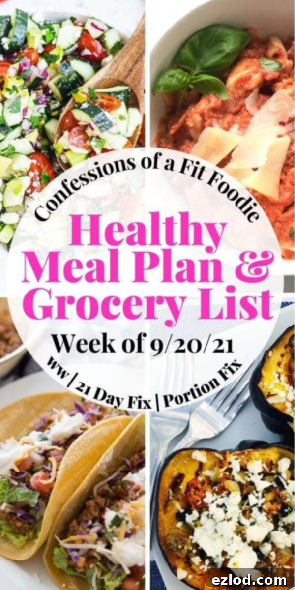 Food photo collage with pink and black text on a white circle - Healthy Meal Plan & Grocery List | Week of 9/20/21, featuring dishes like Apple Cinnamon Overnight Oats, Chicken Veggie Soup, Cauliflower Tacos, and Stuffed Acorn Squash.