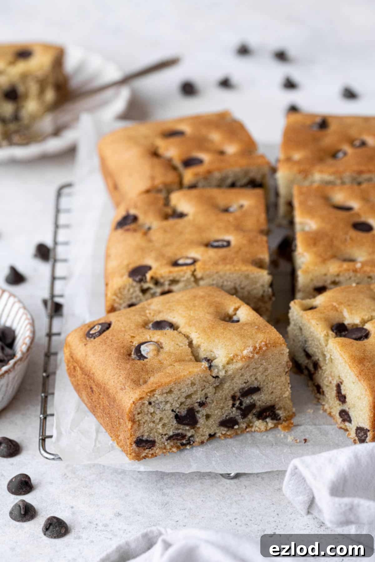 A close-up of a square slice of vegan chocolate chip vanilla cake on a wire cooling rack, highlighting its moist texture and abundance of chocolate.