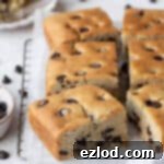 Close up of chocolate chip vanilla cake on a wire cooling rack.
