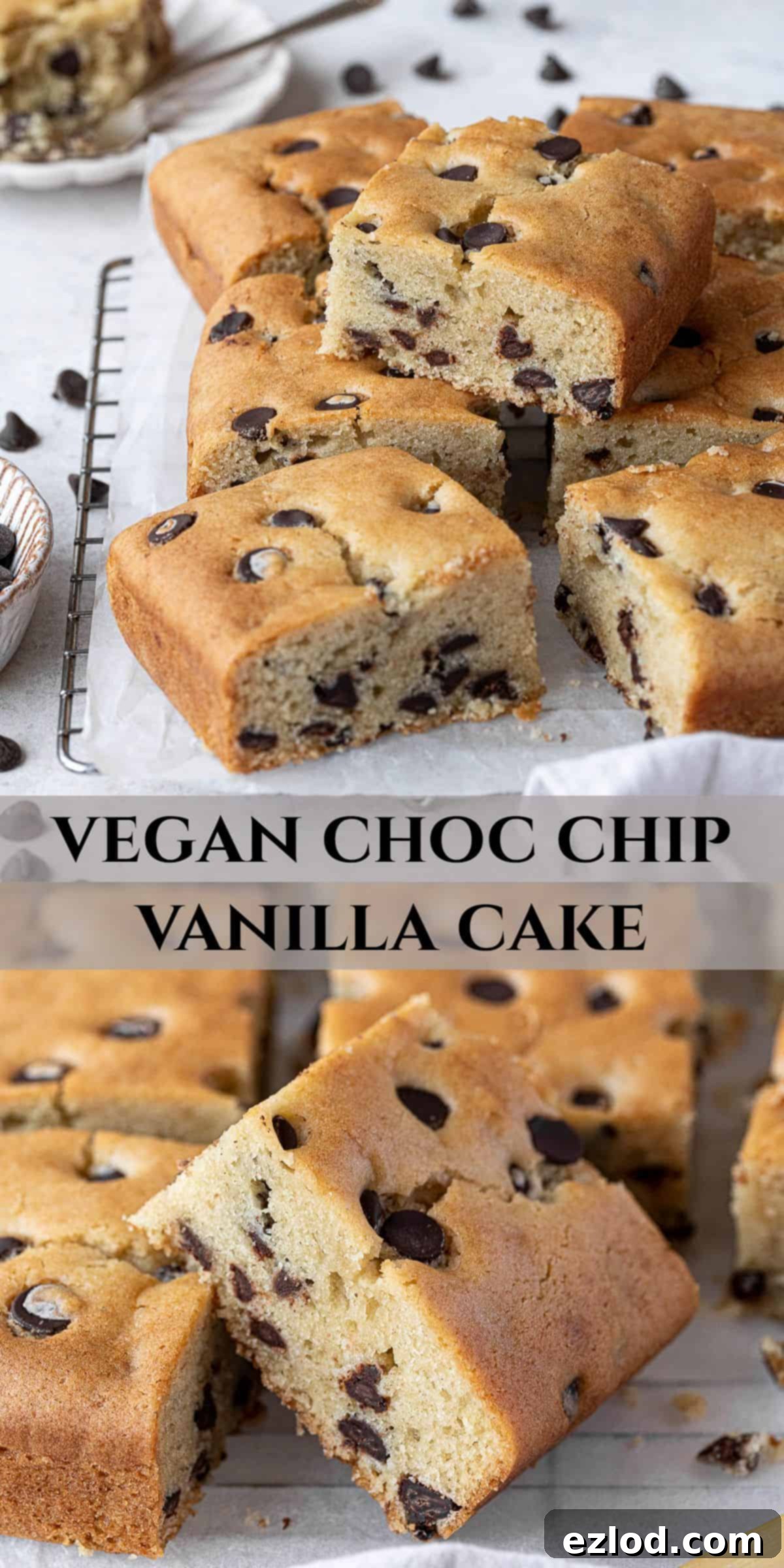 A collage of delicious vegan chocolate chip vanilla cake images, perfect for Pinterest.