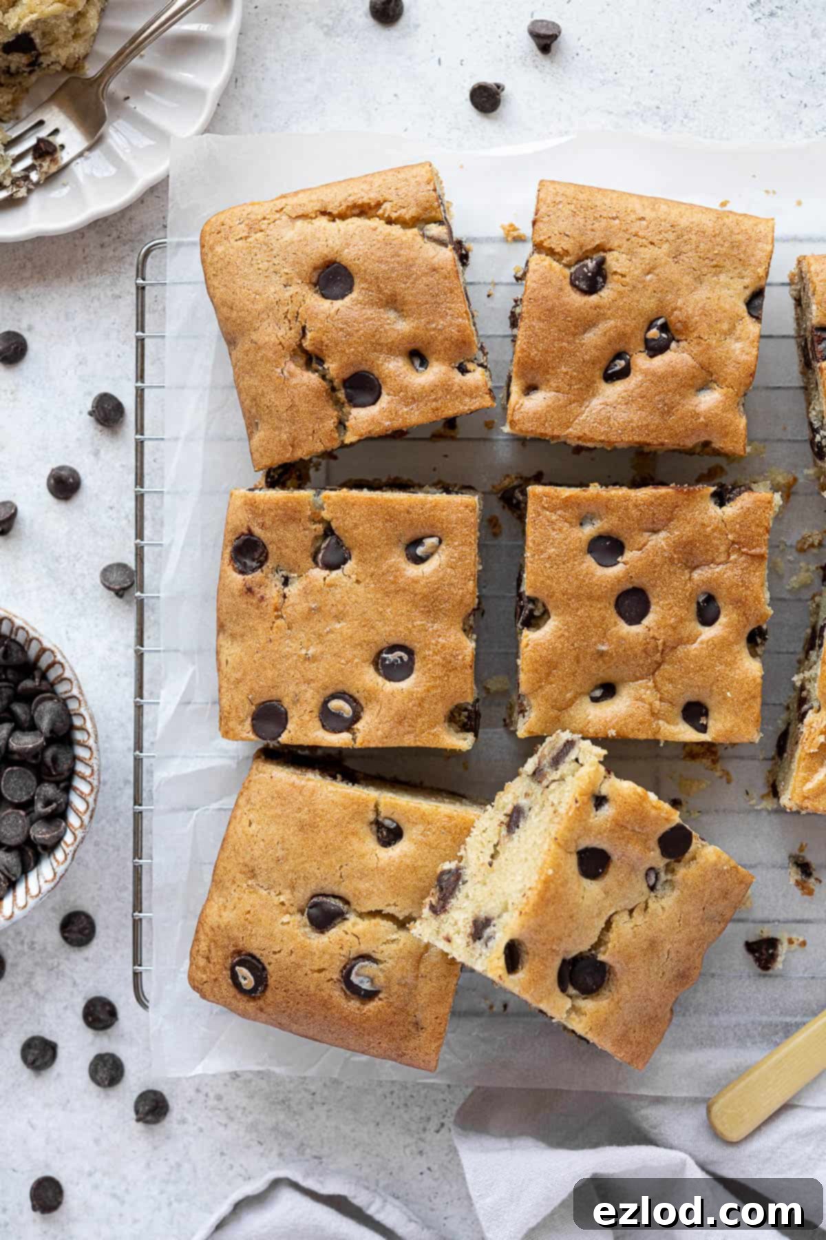 Freshly baked squares of vegan chocolate chip vanilla cake cooling on a wire rack.