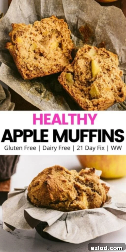 Two photo collage with pink and black text on a white rectangle - top photo: apple muffin cut in half on parchment; bottom photo: side view of a healthy apple muffin