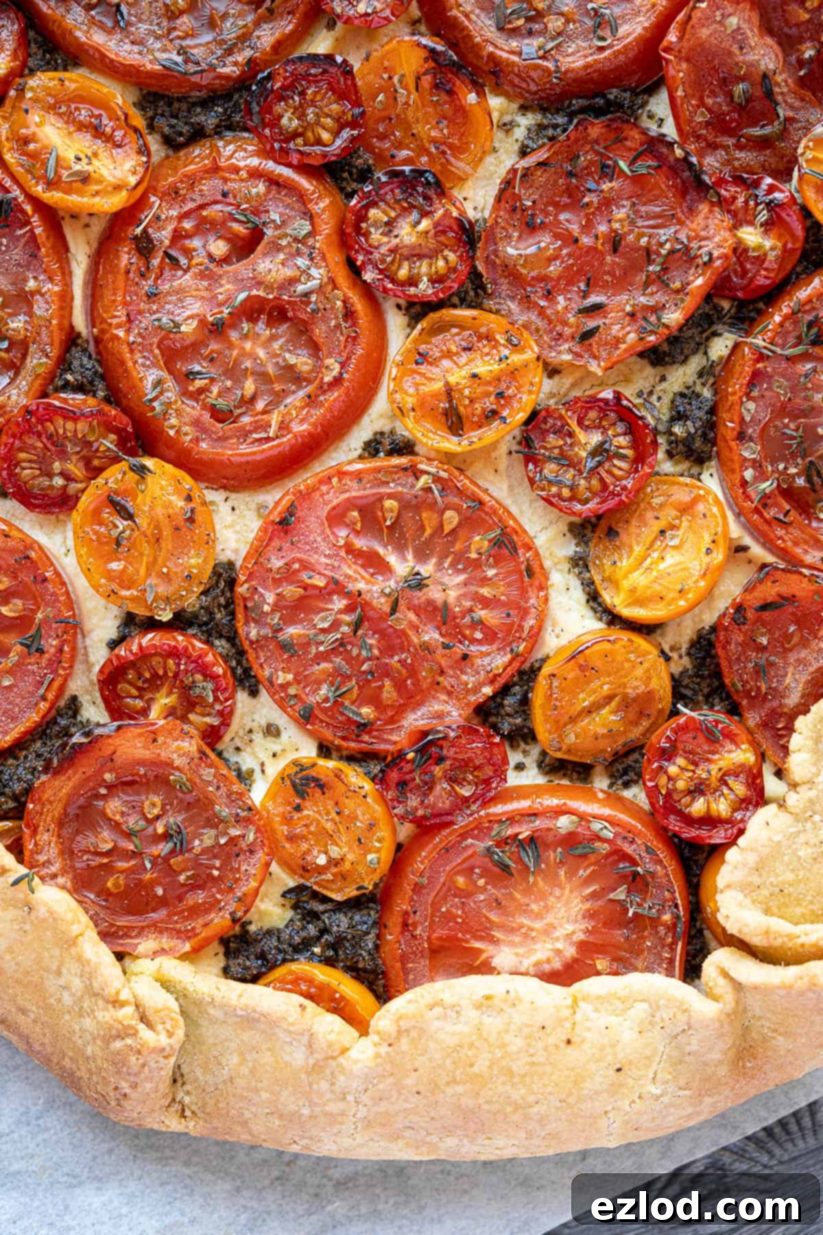 Close-up shot of the vibrant vegan tomato ricotta galette, showcasing the baked tomatoes, creamy almond cheese, and crisp golden pastry crust.