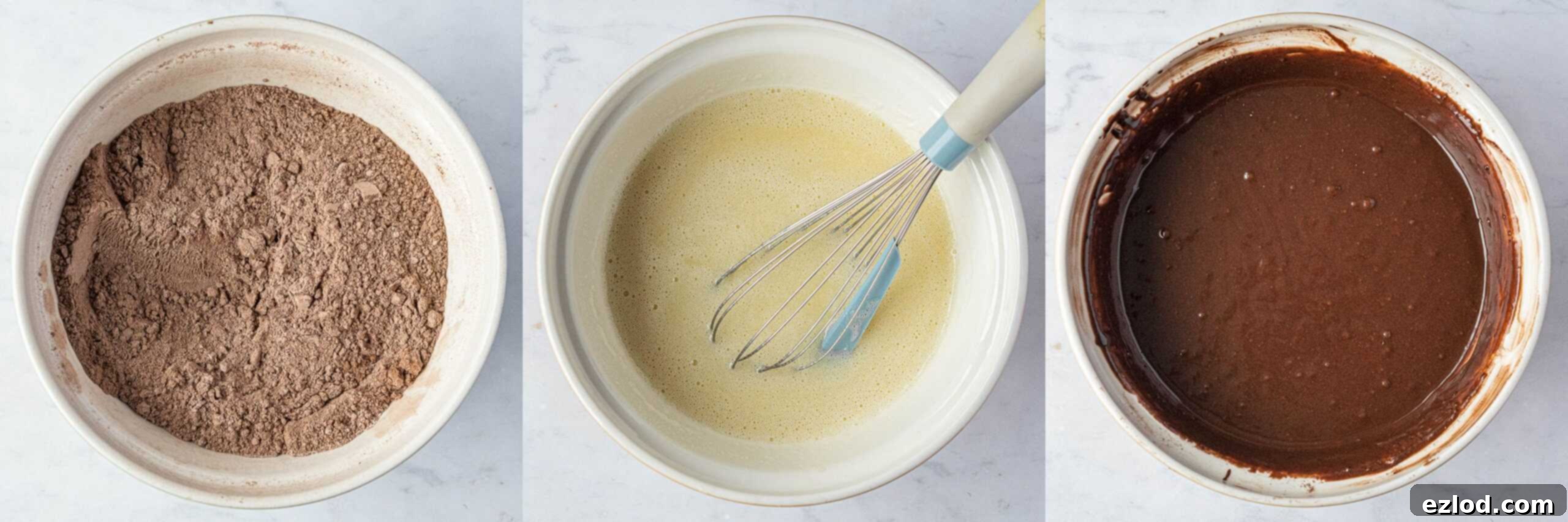 Step 1, a three image collage of making the cake batter.