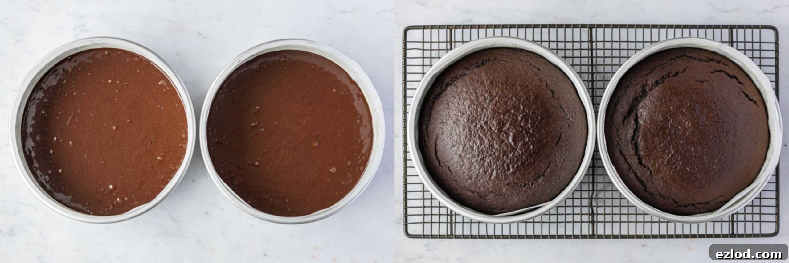 Step 2, a two image collage of the cakes before and after baking.