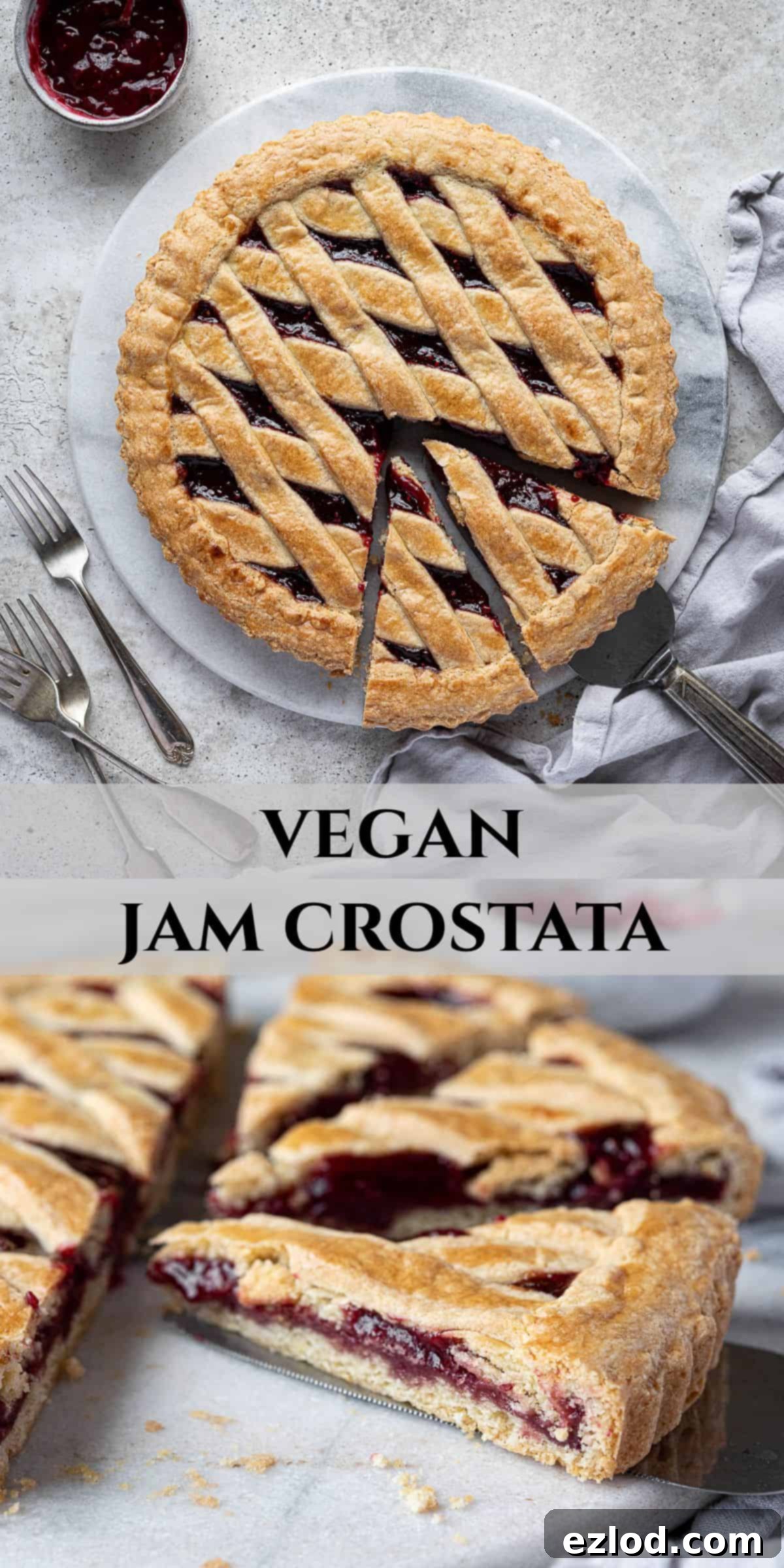 A Pinterest-optimized collage image featuring various shots of the delicious vegan jam crostata, including whole, sliced, and ingredient close-ups, ideal for social media sharing.