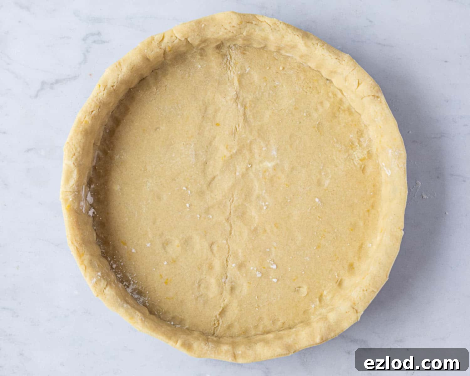 A tart tin neatly lined with a smooth layer of vegan pastry dough, showing the evenly pressed base and sides, ready for the delicious jam filling.