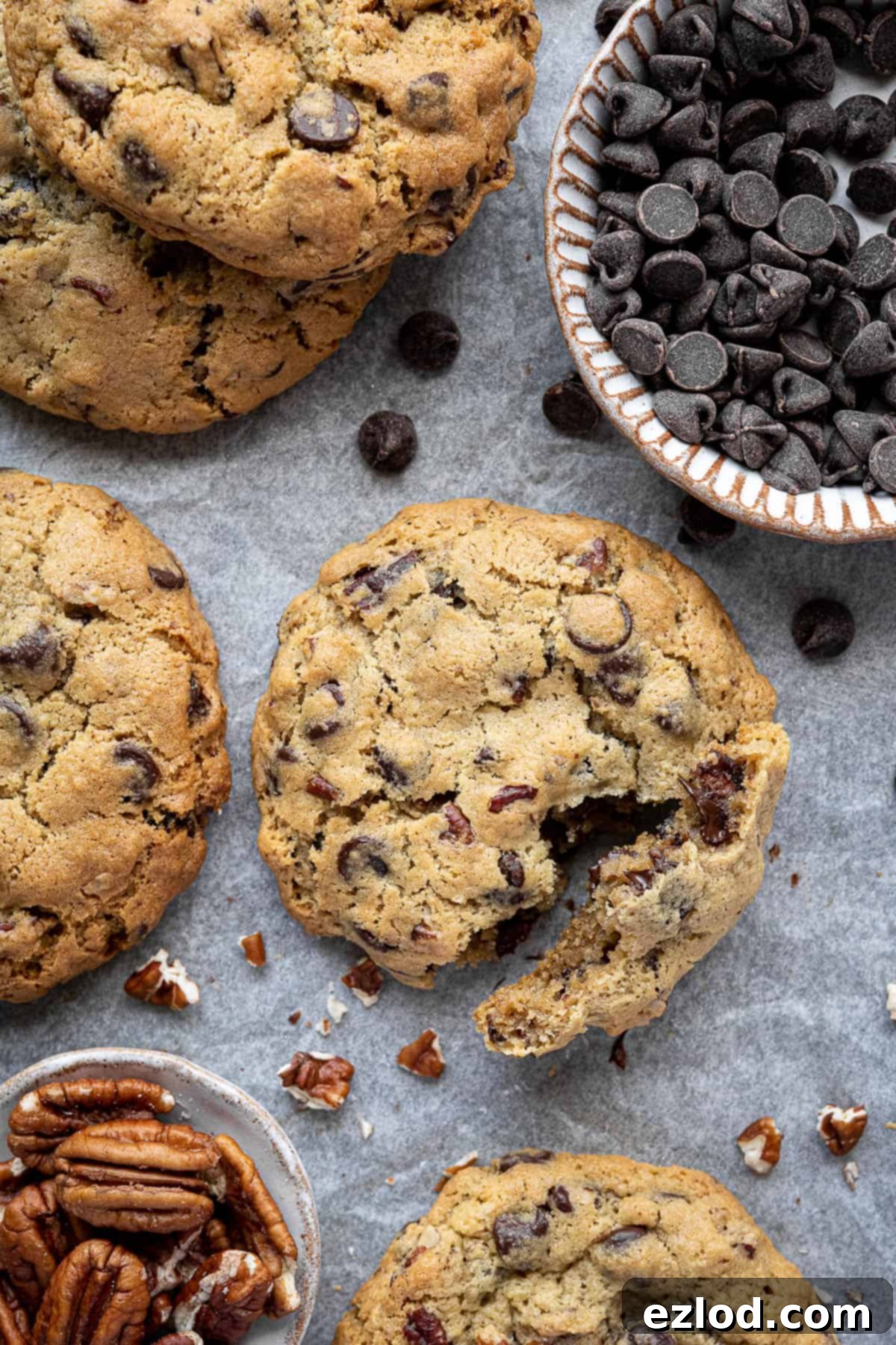 Close up of a single chunky chocolate pecan cookie, showing its texture and ingredients.