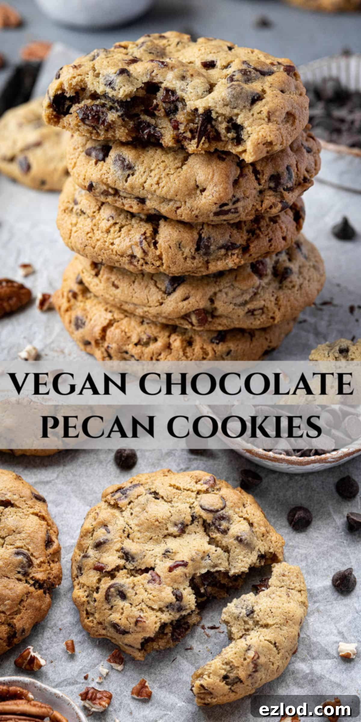 Pinterest collage image showing multiple chunky chocolate pecan cookies.