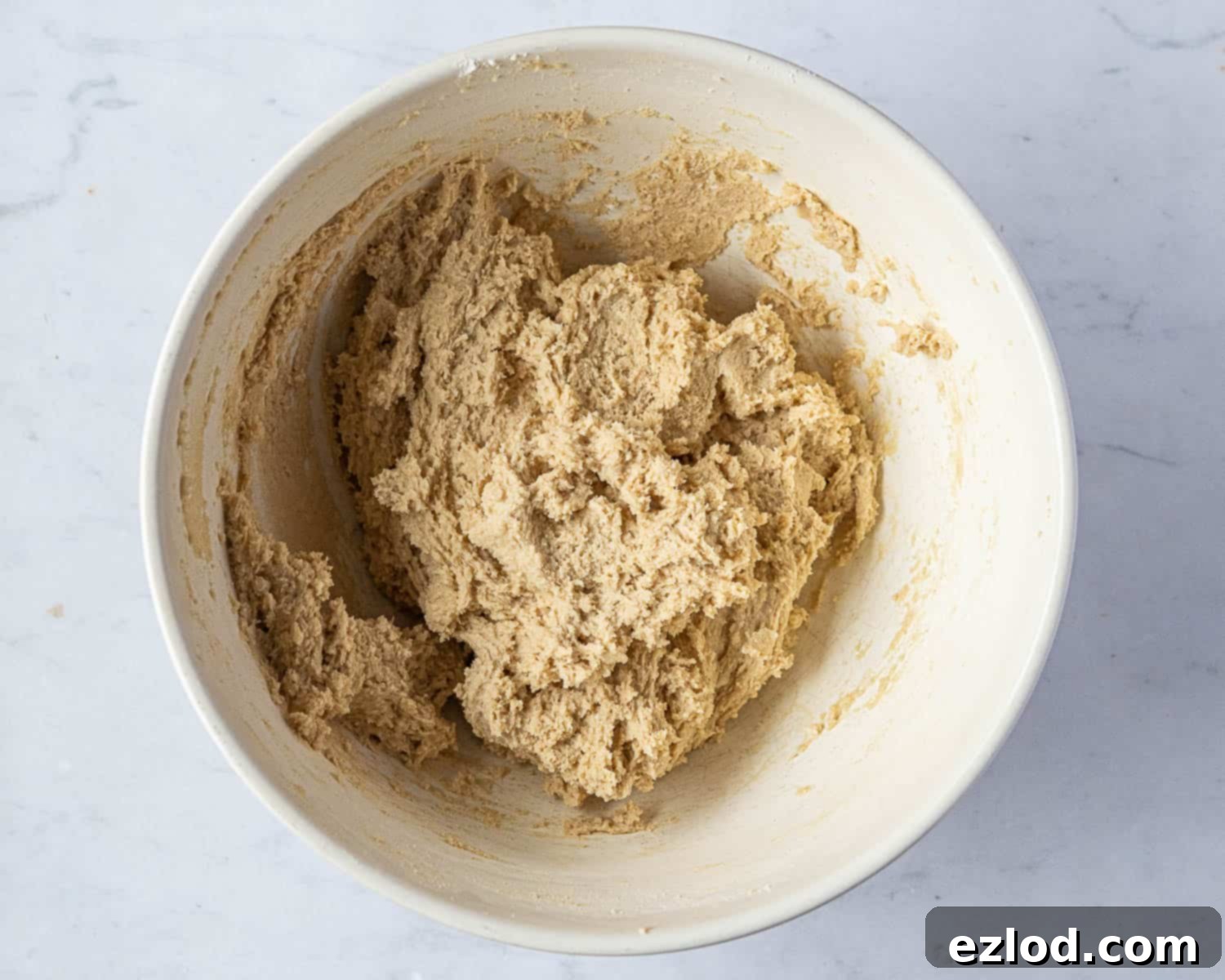 Step 2: The stiff cookie dough with dry ingredients and milk just combined.