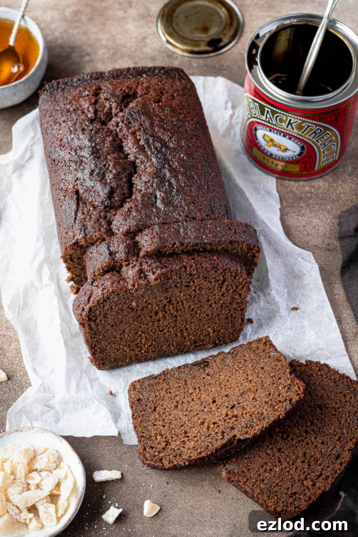 Sliced ginger loaf cake.