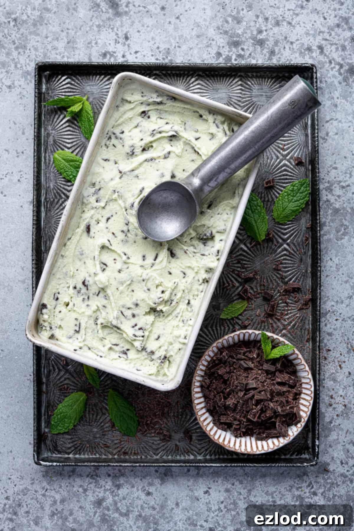 Vegan mint choc chip ice cream in a metal loaf tin on a baking tray with a bowl of chocolate.