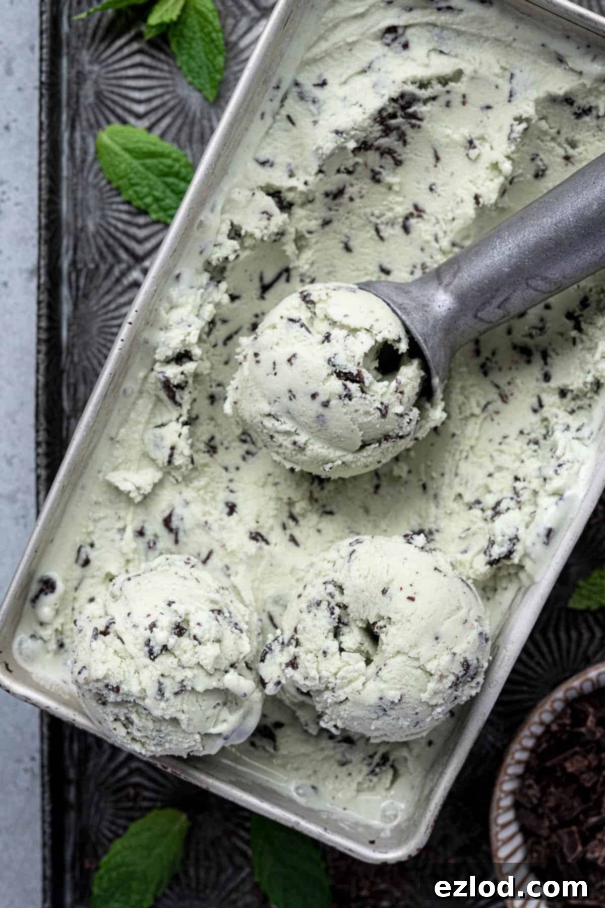 Mint choc chip ice cream withh several scoops.